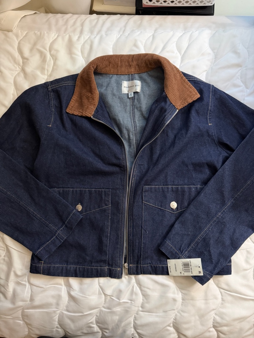 Madden Girl Dark Blue Denim Jacket with Brown Corduroy Collar